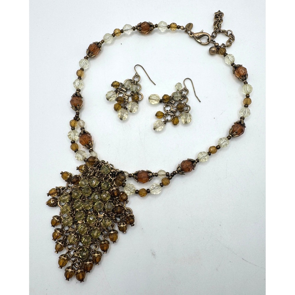 Chico's Amber Glass Bead Bib Necklace & Dangle Earring Set Antique Brass Tone